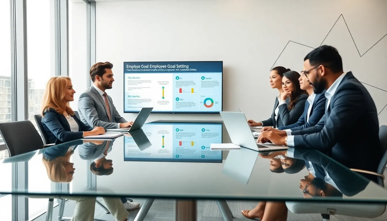 diverse team discussing employee goal setting in a modern conference room.