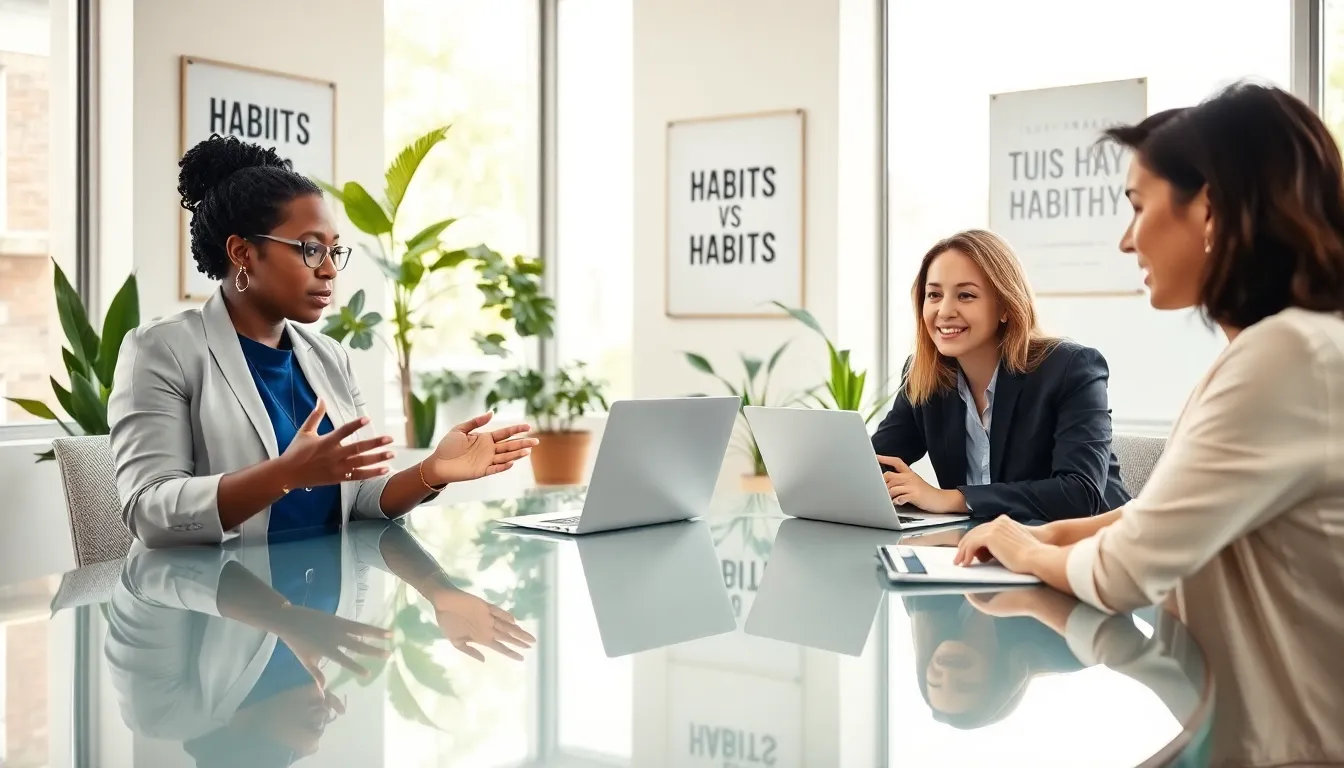 diverse team discussing healthy habits in a modern office setting.