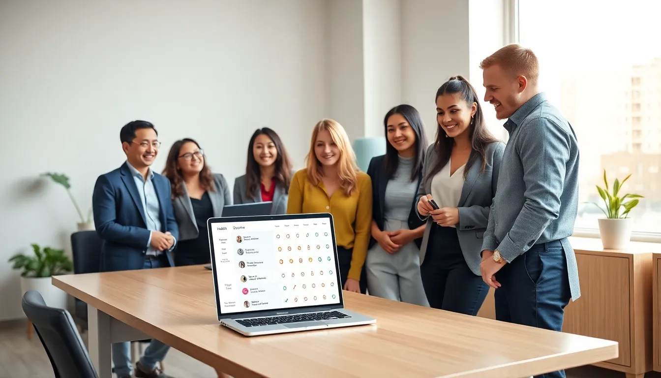 group reviewing a digital habit scorecard in a modern office.