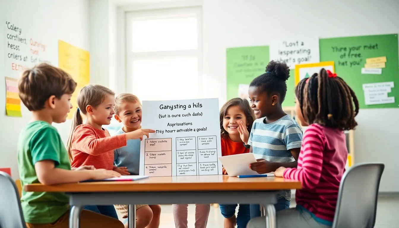 children collaborating on goal-setting worksheets in a bright classroom.