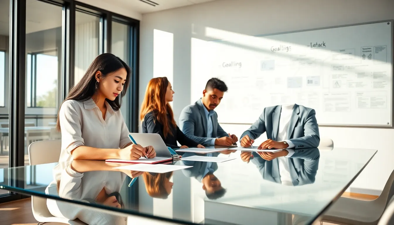 diverse professionals collaborating on goal-setting worksheets in a modern office.