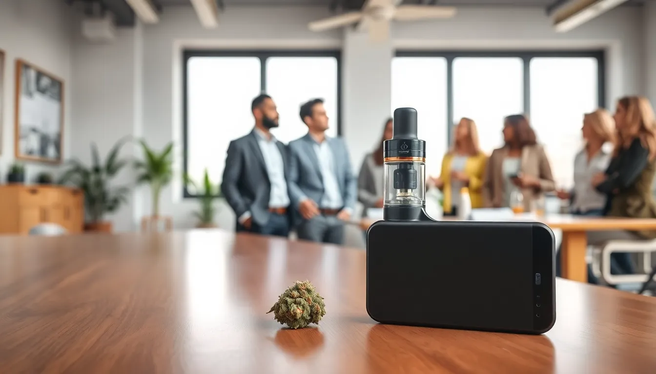 modern vaping device with cannabis plant in a professional workspace.