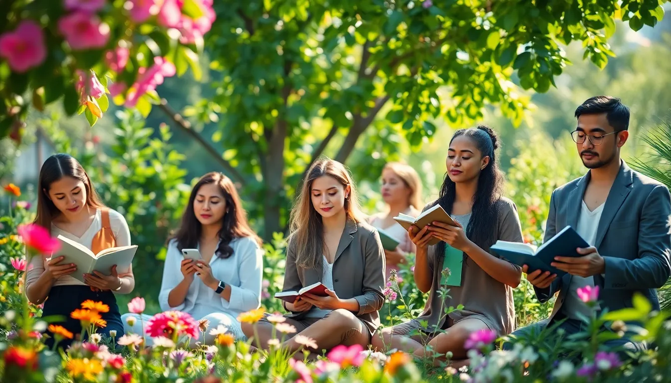 people practicing mindfulness in a peaceful garden setting.