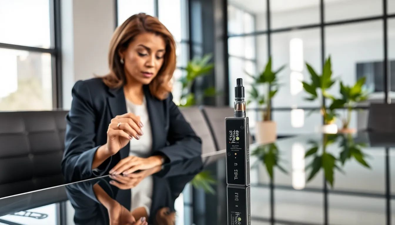 Professional workspace with a woman examining THCA vape pen.