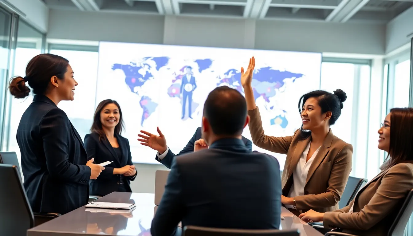 diverse team collaborating in a modern conference room.