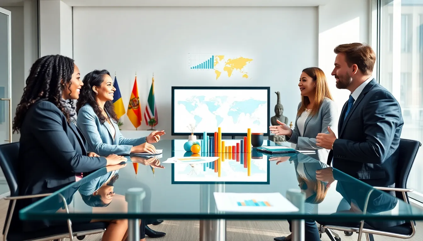 diverse professionals discussing cultural comparison in a modern conference room.