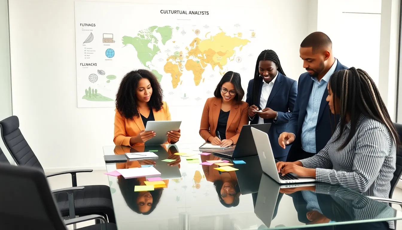 diverse team analyzing culture in a modern office setting.
