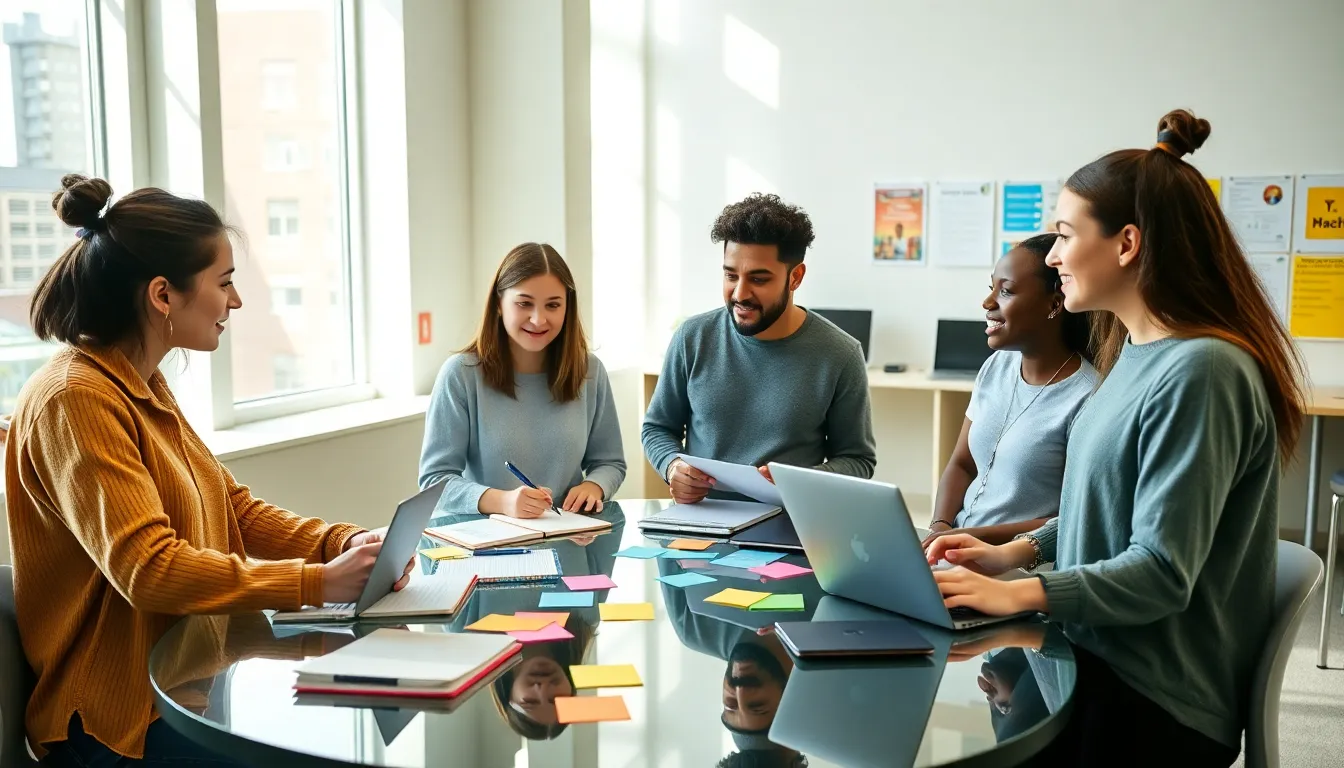 students collaborating on goal-setting activities in a modern classroom.