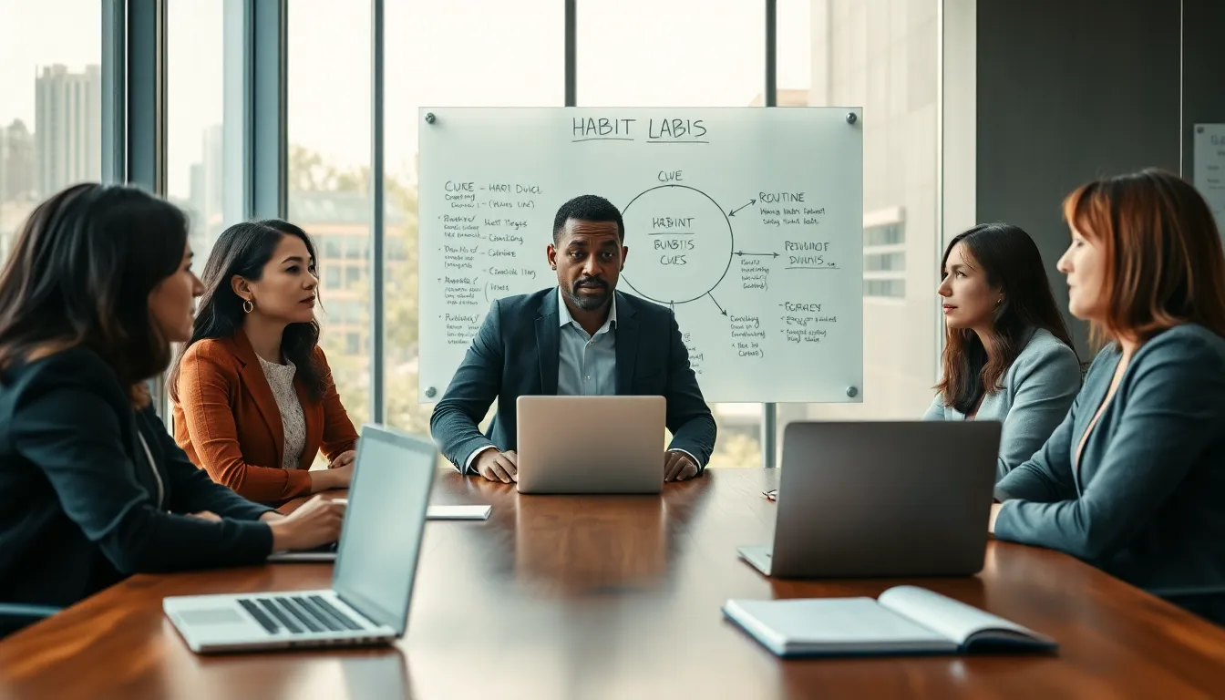 diverse team discussing habit formation in a modern conference room.